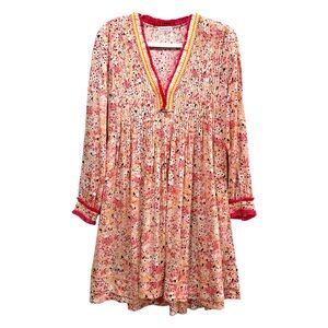 POUPETTE ST BARTH Boho Fringe Trim Mini Ola Dress Long Sleeve Size S